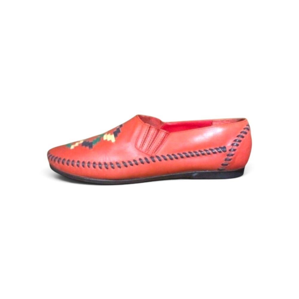 Vtg Dingo Orange Leather Moccasin Loafers with Multicolor Stitching 8.5